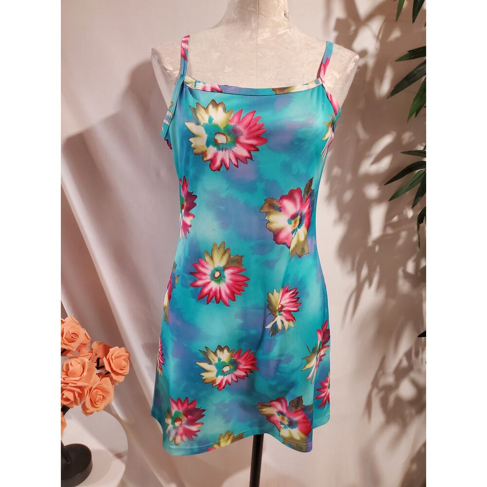 Vtg 90s Y2K Xhilaration Floral Watercolor Mini Tank Dress Size L Colorful Artsy
